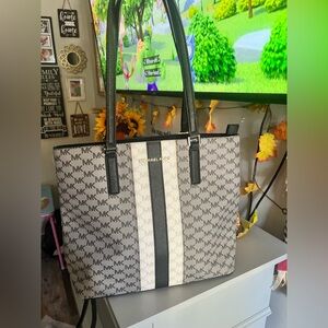Michael kors black and white striped tote bag